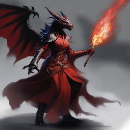 A powerful female Black Dragonborn, adorned in rich red robes, gripping a staff with a firm determination