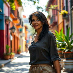 A beautiful Colombian woman, 45 years old, with dark hair, wearing simple clothing, walking down the street