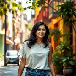 A beautiful Colombian woman, 45 years old, with dark hair, wearing simple clothing, walking down the street