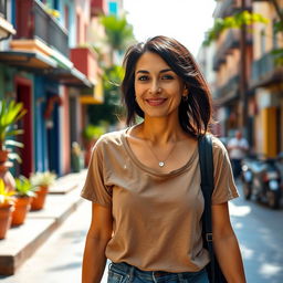 A beautiful Colombian woman, 45 years old, with dark hair, wearing simple clothing, walking down the street