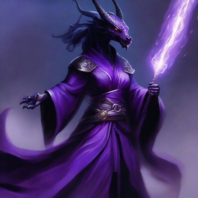 An imposing female Black Dragonborn, garbed in majestic purple robes, wields a staff with mystical symbols