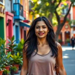 A beautiful Colombian woman, 45 years old, with dark hair, wearing simple clothing, walking down the street