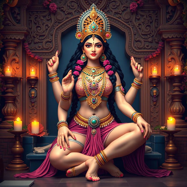 A beautiful depiction of the Indian goddess Durga Mata sitting gracefully in a traditional temple setting