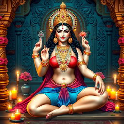 A beautiful depiction of the Indian goddess Durga Mata sitting gracefully in a traditional temple setting