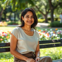 A beautiful Colombian woman, 45 years old, with dark hair, wearing simple clothing, sitting on a bench