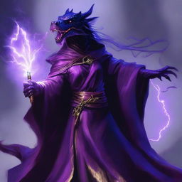 An imposing female Black Dragonborn, garbed in majestic purple robes, wields a staff with mystical symbols