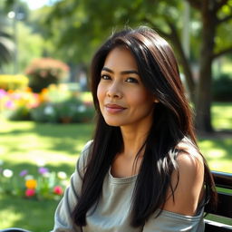 A beautiful Colombian woman, 45 years old, with dark hair, wearing simple clothing, sitting on a bench