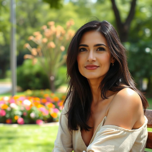 A beautiful Colombian woman, 45 years old, with dark hair, wearing simple clothing, sitting on a bench