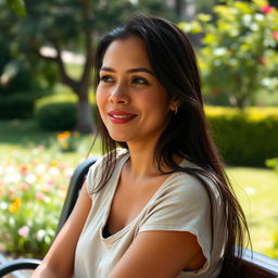 A beautiful Colombian woman, 45 years old, with dark hair, wearing simple clothing, sitting on a bench