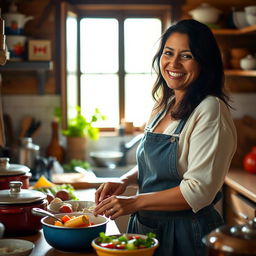 A beautiful Colombian woman, 45 years old, with dark hair, dressed in simple clothing, standing in a cozy kitchen