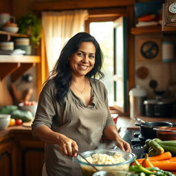 A beautiful Colombian woman, 45 years old, with dark hair, dressed in simple clothing, standing in a cozy kitchen