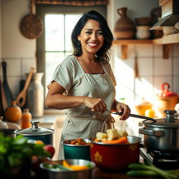 A beautiful Colombian woman, 45 years old, with dark hair, dressed in simple clothing, standing in a cozy kitchen