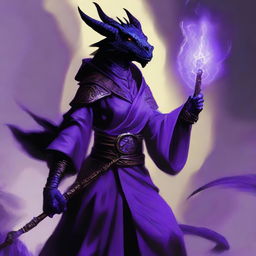 An imposing female Black Dragonborn, garbed in majestic purple robes, wields a staff with mystical symbols