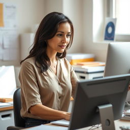 A beautiful Colombian woman, 45 years old, with dark hair, wearing simple clothing, at her workplace