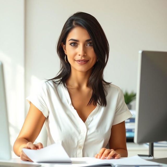 A beautiful Colombian woman, 45 years old, with dark hair, wearing simple clothing, at her workplace