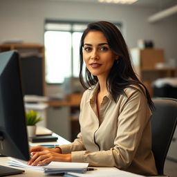A beautiful Colombian woman, 45 years old, with dark hair, wearing simple clothing, at her workplace