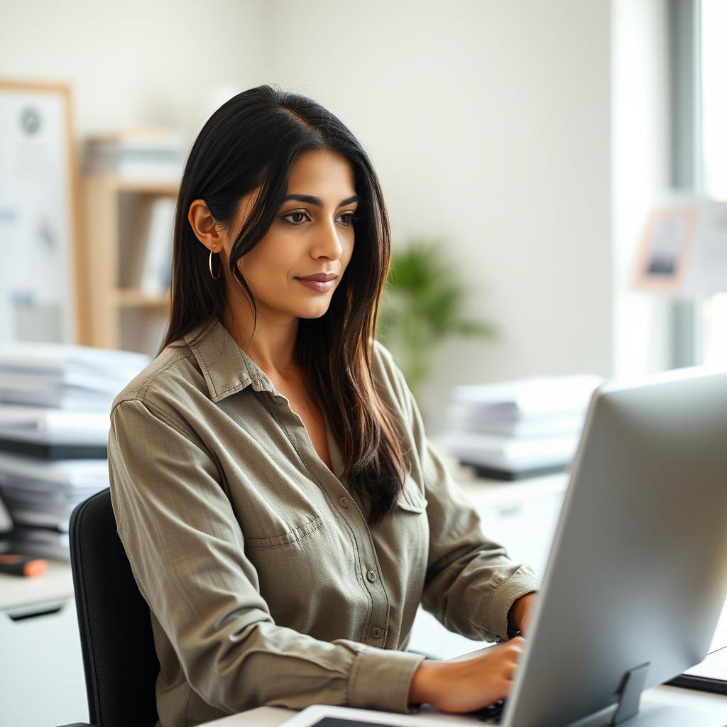 A beautiful Colombian woman, 45 years old, with dark hair, wearing simple clothing, at her workplace