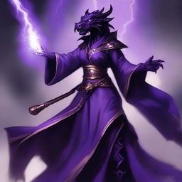 An imposing female Black Dragonborn, garbed in majestic purple robes, wields a staff with mystical symbols