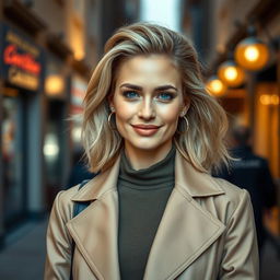 A beautiful woman aged between 30 to 35 years, with light blonde hair styled elegantly