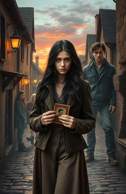 A young woman with long dark hair and a mystifying expression seeking to reclaim her lost identity, standing in a quaint village with cobblestone streets, surrounded by an aura of mystery and intrigue