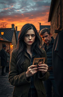 A young woman with long dark hair and a mystifying expression seeking to reclaim her lost identity, standing in a quaint village with cobblestone streets, surrounded by an aura of mystery and intrigue