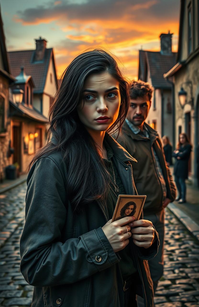 A young woman with long dark hair and a mystifying expression seeking to reclaim her lost identity, standing in a quaint village with cobblestone streets, surrounded by an aura of mystery and intrigue