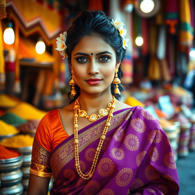 A traditional Indian woman dressed in a vibrant saree with intricate patterns, adorned with beautiful gold jewelry including bangles and earrings