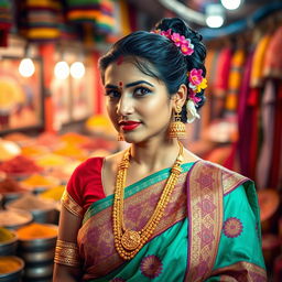 A traditional Indian woman dressed in a vibrant saree with intricate patterns, adorned with beautiful gold jewelry including bangles and earrings