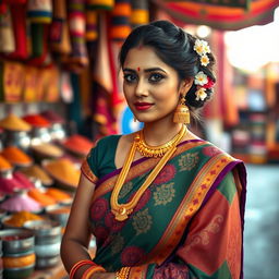 A traditional Indian woman dressed in a vibrant saree with intricate patterns, adorned with beautiful gold jewelry including bangles and earrings