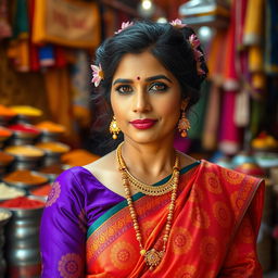 A traditional Indian woman dressed in a vibrant saree with intricate patterns, adorned with beautiful gold jewelry including bangles and earrings