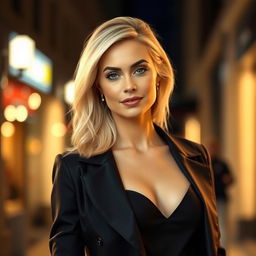 A beautiful woman aged between 30 to 35 years, with striking light blonde hair styled elegantly