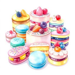 A beautifully arranged display of exquisite desserts including colorful macarons, layered cakes with various fruits, and assorted pastries