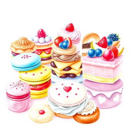 A beautifully arranged display of exquisite desserts including colorful macarons, layered cakes with various fruits, and assorted pastries