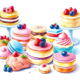 A beautifully arranged display of exquisite desserts including colorful macarons, layered cakes with various fruits, and assorted pastries