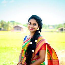 A 27-year-old traditional Indian woman, elegantly dressed in a vibrant saree with intricate patterns, standing gracefully in a serene rural setting