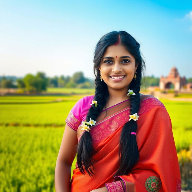 A 27-year-old traditional Indian woman, elegantly dressed in a vibrant saree with intricate patterns, standing gracefully in a serene rural setting