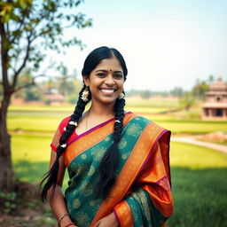 A 27-year-old traditional Indian woman, elegantly dressed in a vibrant saree with intricate patterns, standing gracefully in a serene rural setting