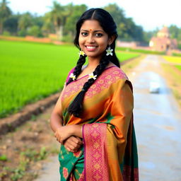 A 27-year-old traditional Indian woman, elegantly dressed in a vibrant saree with intricate patterns, standing gracefully in a serene rural setting