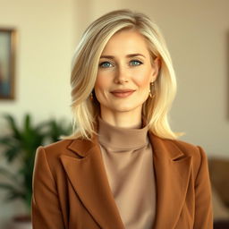 A beautiful woman aged between 30 to 35 years, with radiant light blonde hair styled elegantly