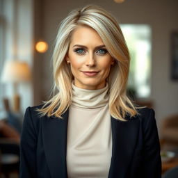 A beautiful woman aged between 30 to 35 years, with radiant light blonde hair styled elegantly