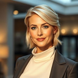 A beautiful woman aged between 30 to 35 years, with stunning light blonde hair styled elegantly