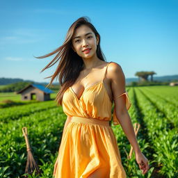 A beautiful Indo-Japanese woman with large breasts, dressed in a flowing summer dress, exuding a relaxed and alluring vibe