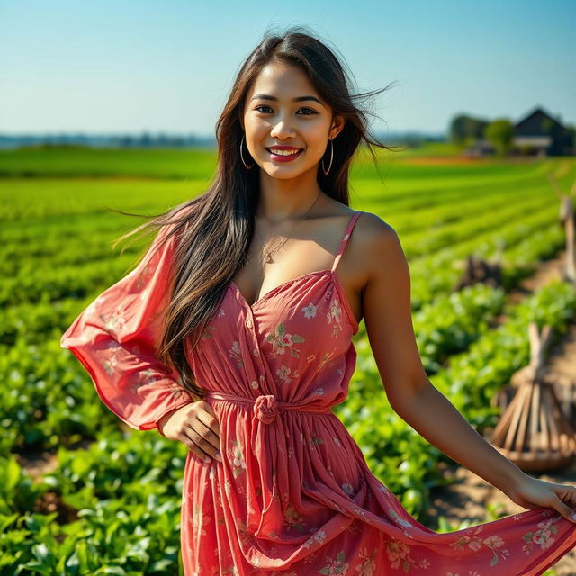 A beautiful Indo-Japanese woman with large breasts, dressed in a flowing summer dress, exuding a relaxed and alluring vibe