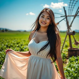 A beautiful Indo-Japanese woman with large breasts, dressed in a flowing summer dress, exuding a relaxed and alluring vibe
