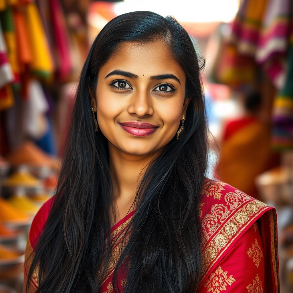 A vibrant portrait of a 27-year-old Indian woman, showcasing her striking features and long, dark hair cascading down her shoulders