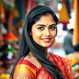 A vibrant portrait of a 27-year-old Indian woman, showcasing her striking features and long, dark hair cascading down her shoulders
