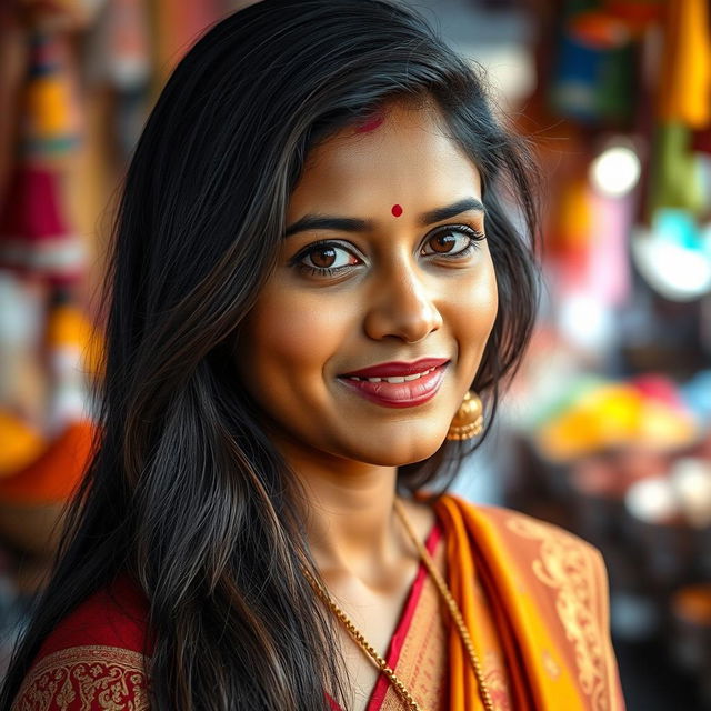 A vibrant portrait of a 27-year-old Indian woman, showcasing her striking features and long, dark hair cascading down her shoulders