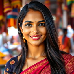 A vibrant portrait of a 27-year-old Indian woman, showcasing her striking features and long, dark hair cascading down her shoulders