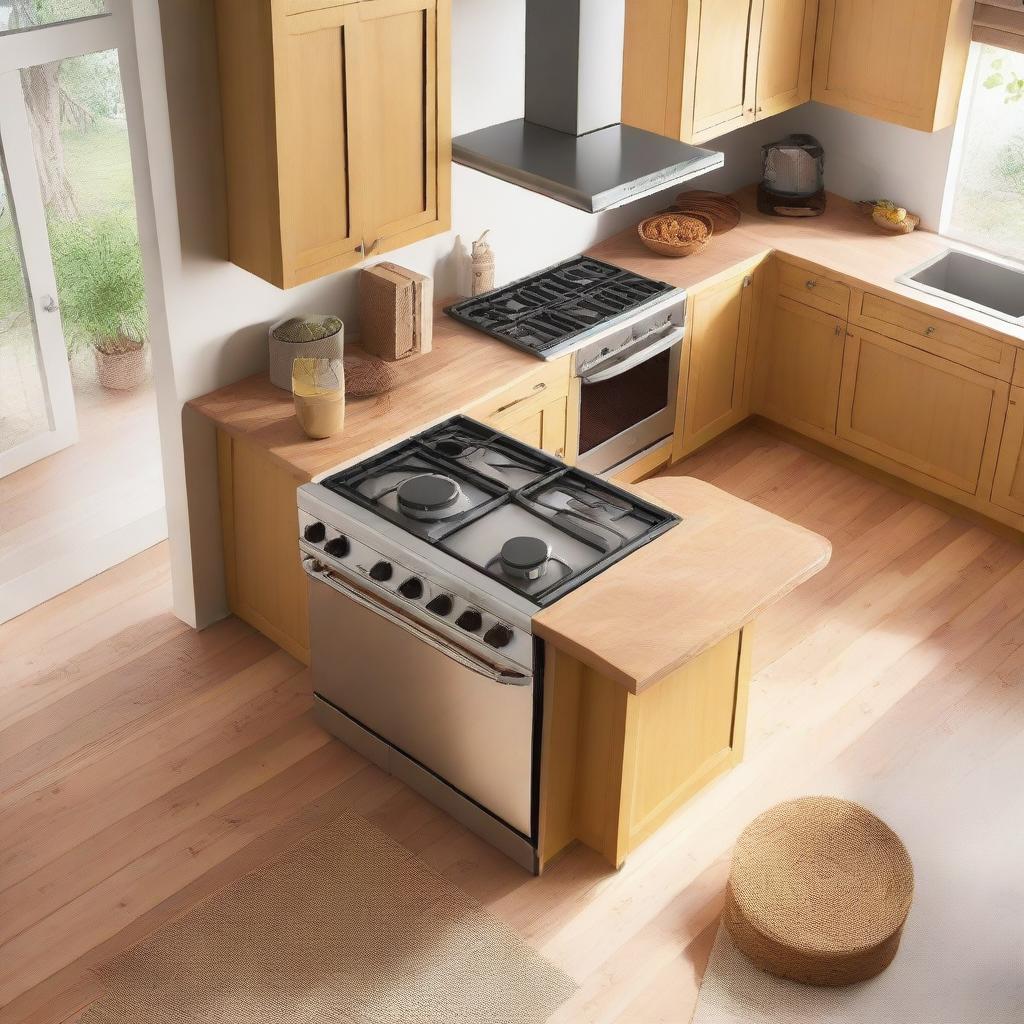 An aerial view of a traditional kitchen with a stove and a light wooden table for placing appliances.