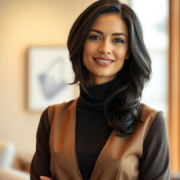 A beautiful woman aged between 30 to 35 years with European features and dark hair styled elegantly